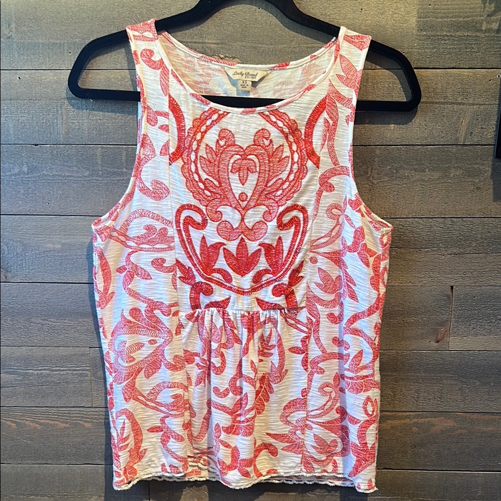 Lucky Brand Red Embroidered and White Graphic Peplum Tank Top